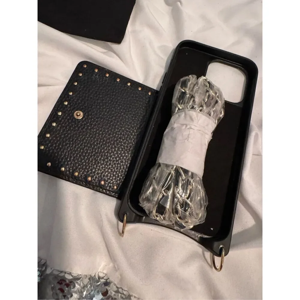 Bandolier annie black leather studded crossbody MagSafe wallet case + chain stra